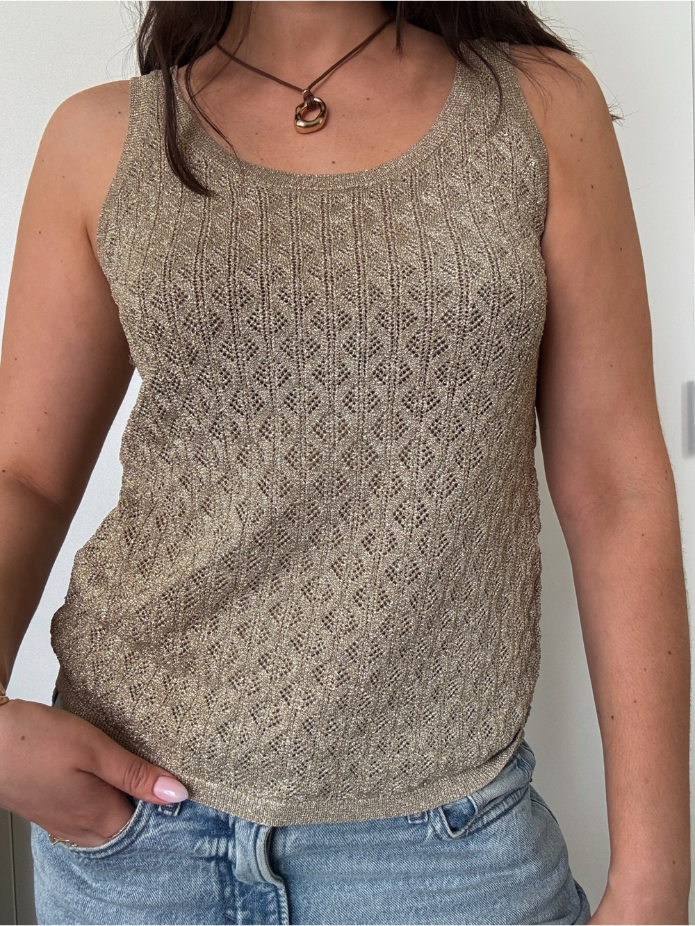 Donna Karan Gold Metallic Open-Knit Shell